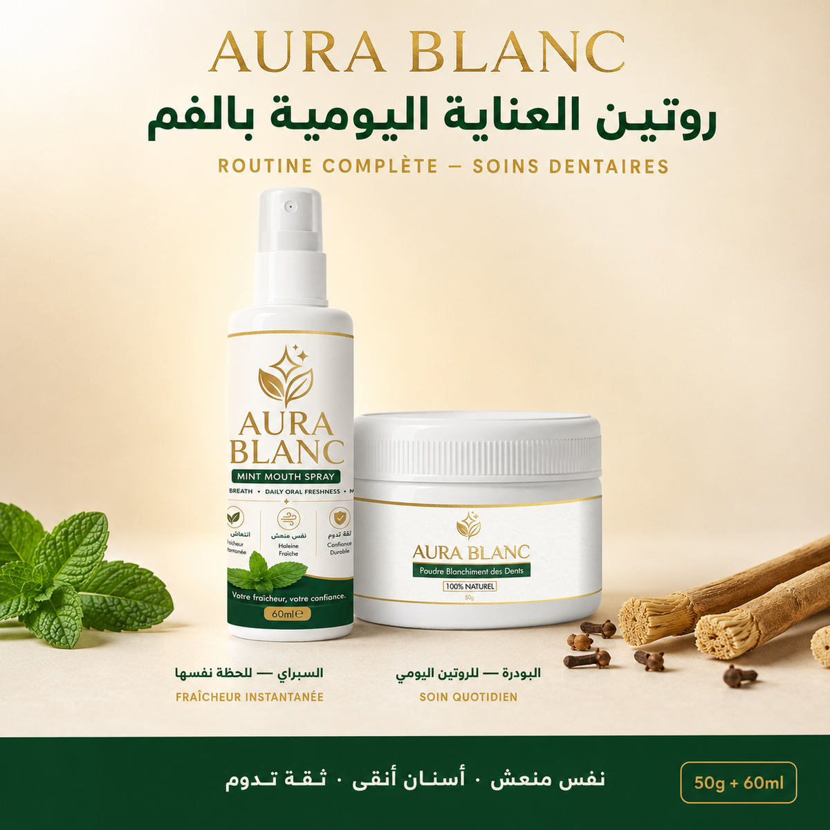 Pack AURA BLANC Poudre Blanchiment des Dents + Spray Menthe
